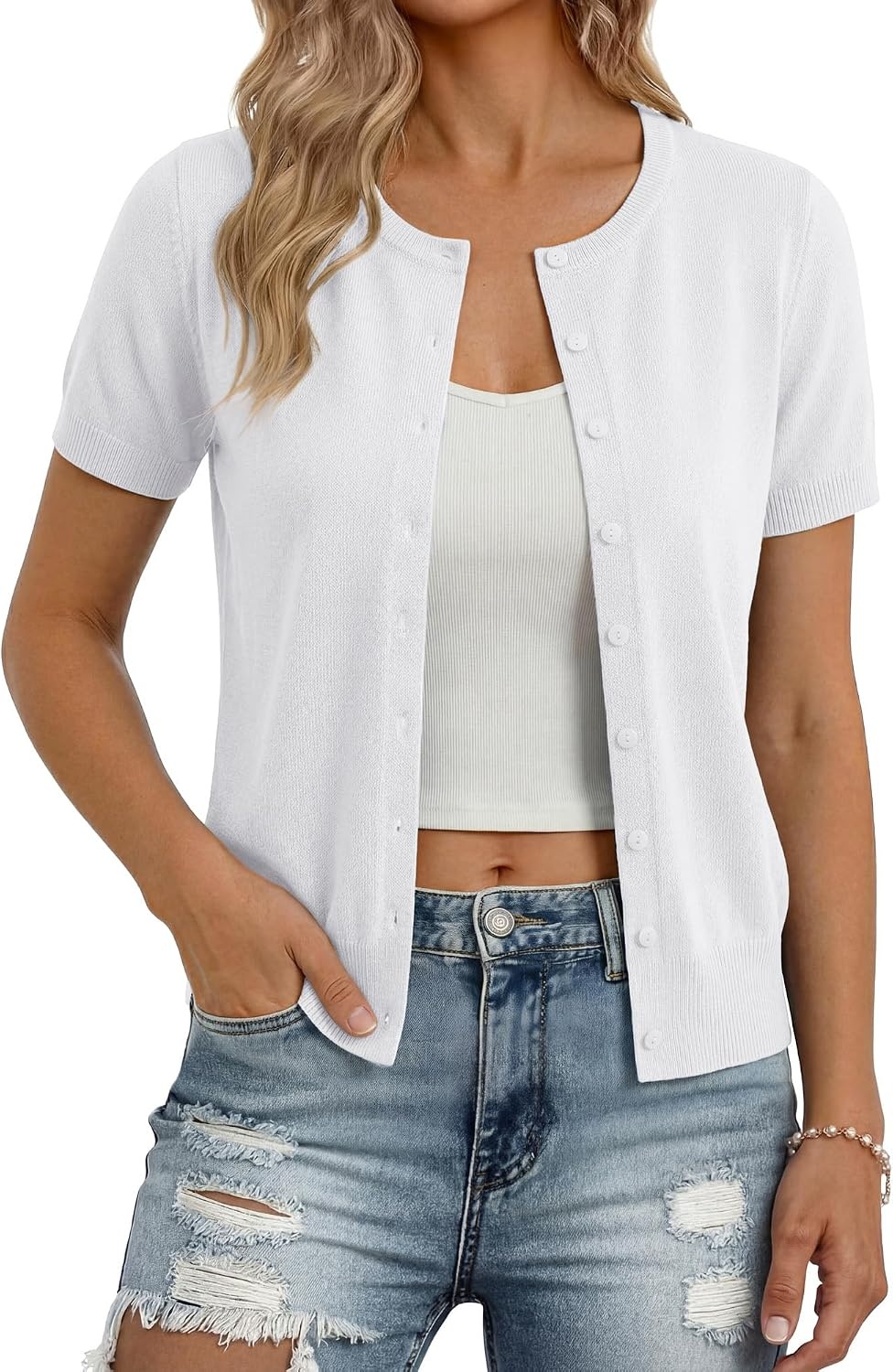 image:imageGRACE KARIN Women Short Sleeve Cardigan 2026 Button Down Knit Sweater Tops Basic Crew Neck Fall Fashion OutfitsBright White