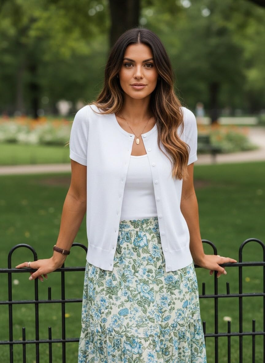 image:imageGRACE KARIN Women Short Sleeve Cardigan 2026 Button Down Knit Sweater Tops Basic Crew Neck Fall Fashion OutfitsBright White