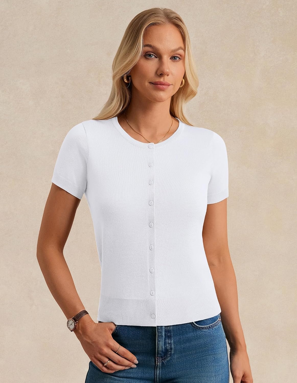 image:imageGRACE KARIN Women Short Sleeve Cardigan 2026 Button Down Knit Sweater Tops Basic Crew Neck Fall Fashion OutfitsBright White