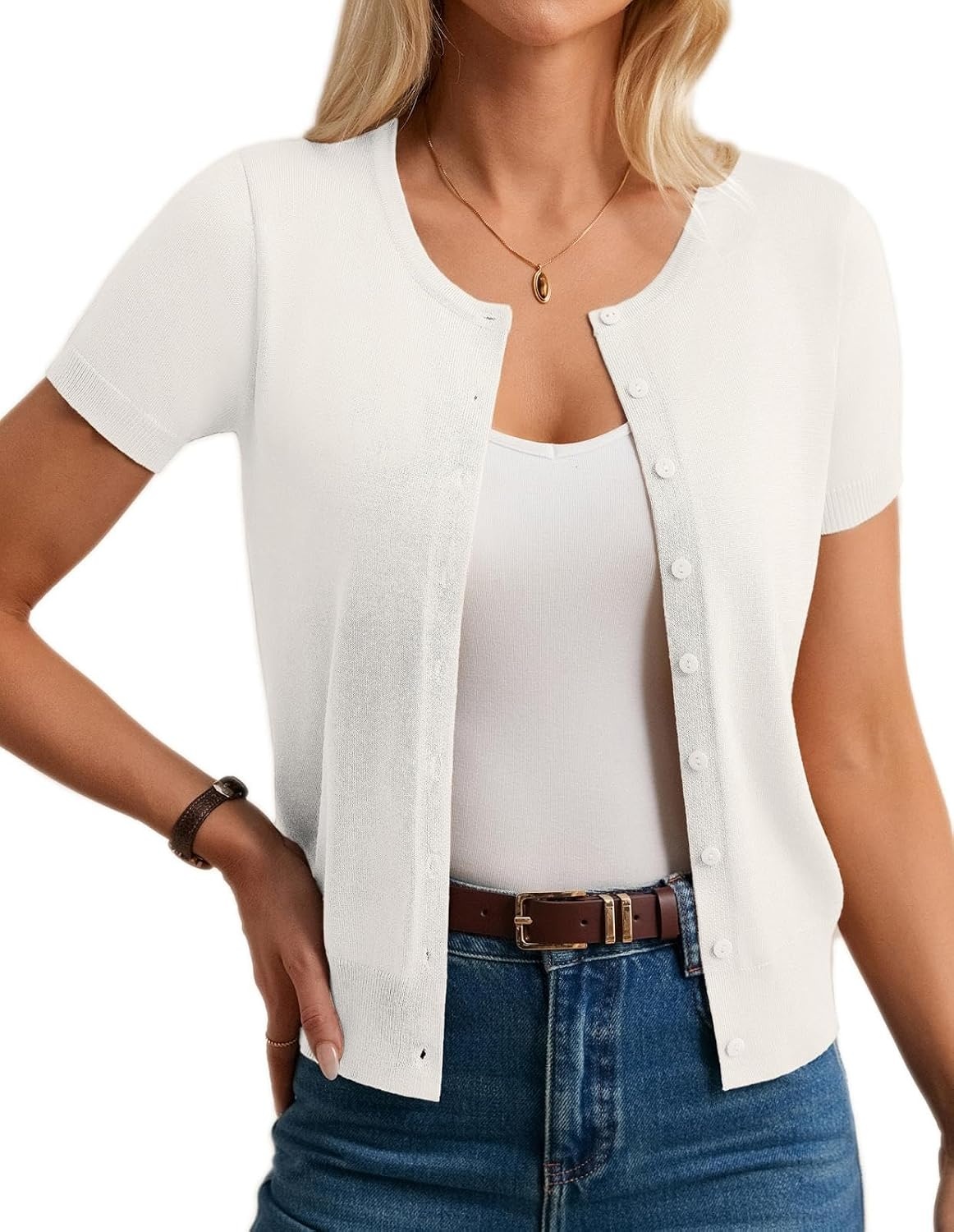 image:imageGRACE KARIN Women Short Sleeve Cardigan 2026 Button Down Knit Sweater Tops Basic Crew Neck Fall Fashion OutfitsIvory