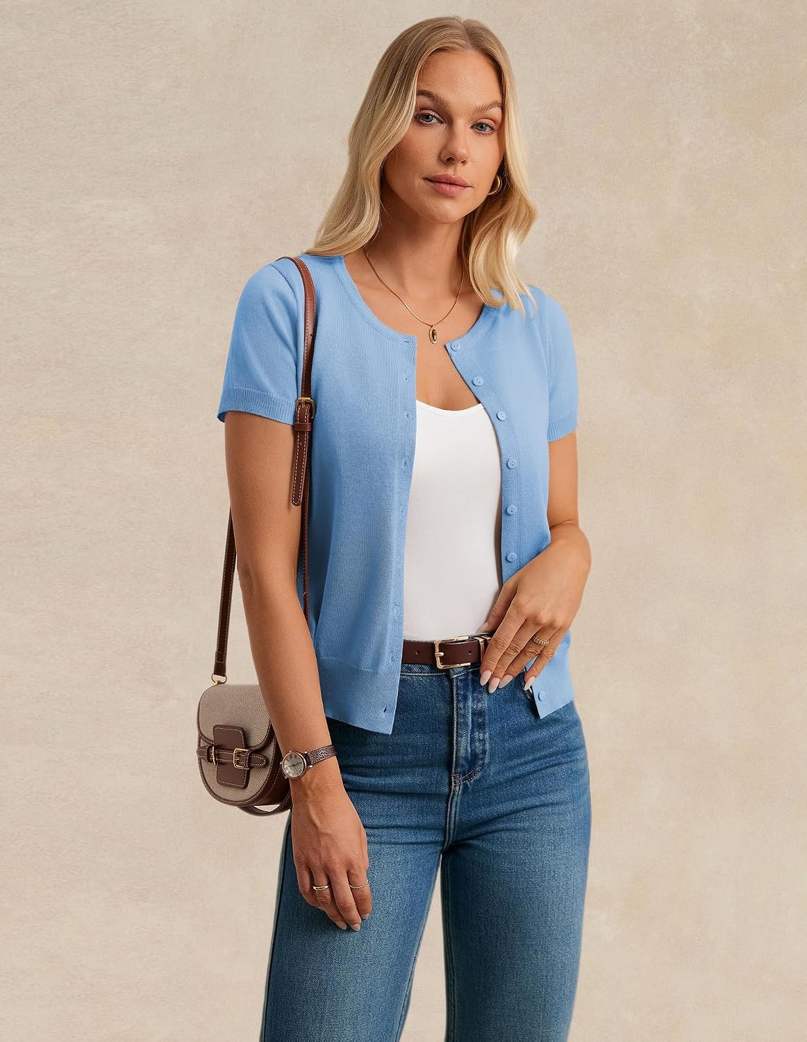 image:imageGRACE KARIN Women Short Sleeve Cardigan 2026 Button Down Knit Sweater Tops Basic Crew Neck Fall Fashion OutfitsLight Blue