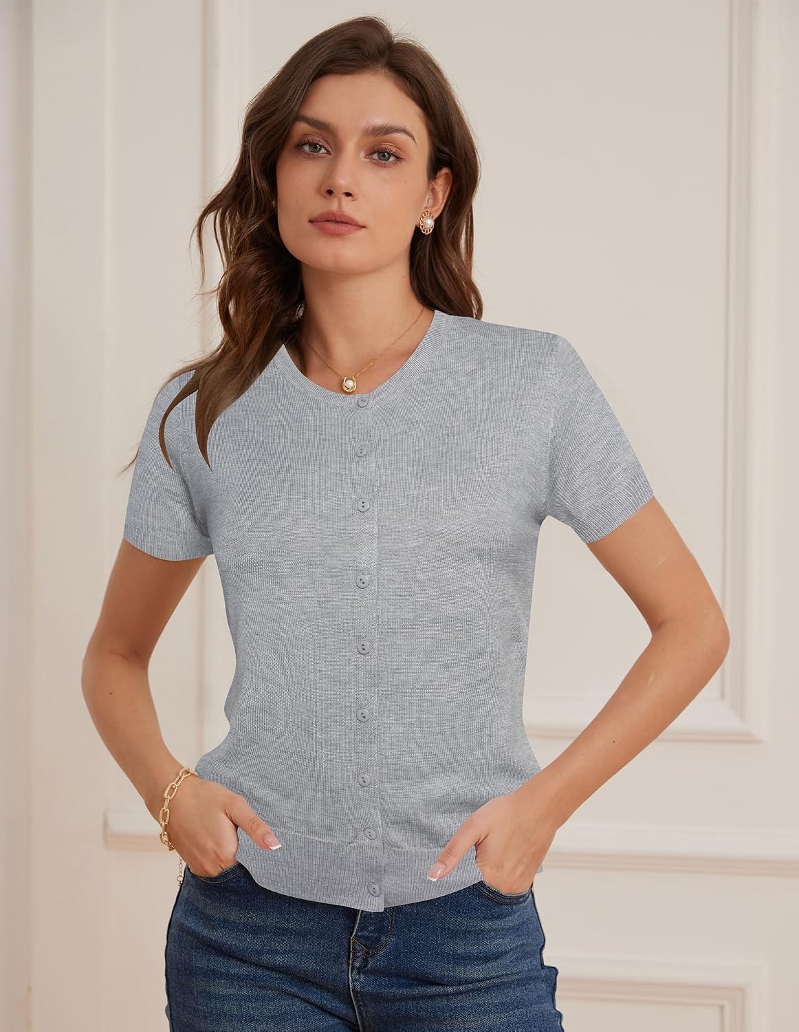 image:imageGRACE KARIN Women Short Sleeve Cardigan 2026 Button Down Knit Sweater Tops Basic Crew Neck Fall Fashion OutfitsLight Gray