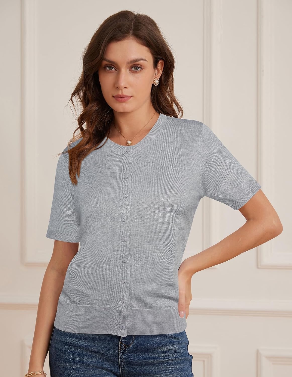 image:imageGRACE KARIN Women Short Sleeve Cardigan 2026 Button Down Knit Sweater Tops Basic Crew Neck Fall Fashion OutfitsLight Gray