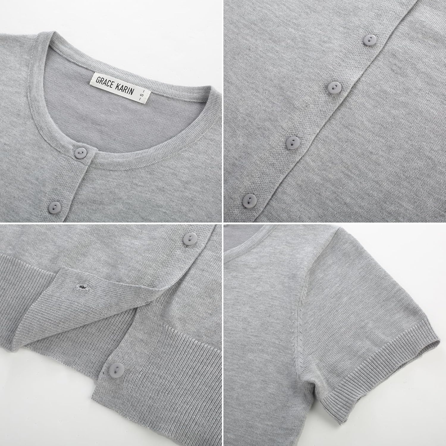 image:imageGRACE KARIN Women Short Sleeve Cardigan 2026 Button Down Knit Sweater Tops Basic Crew Neck Fall Fashion OutfitsLight Gray