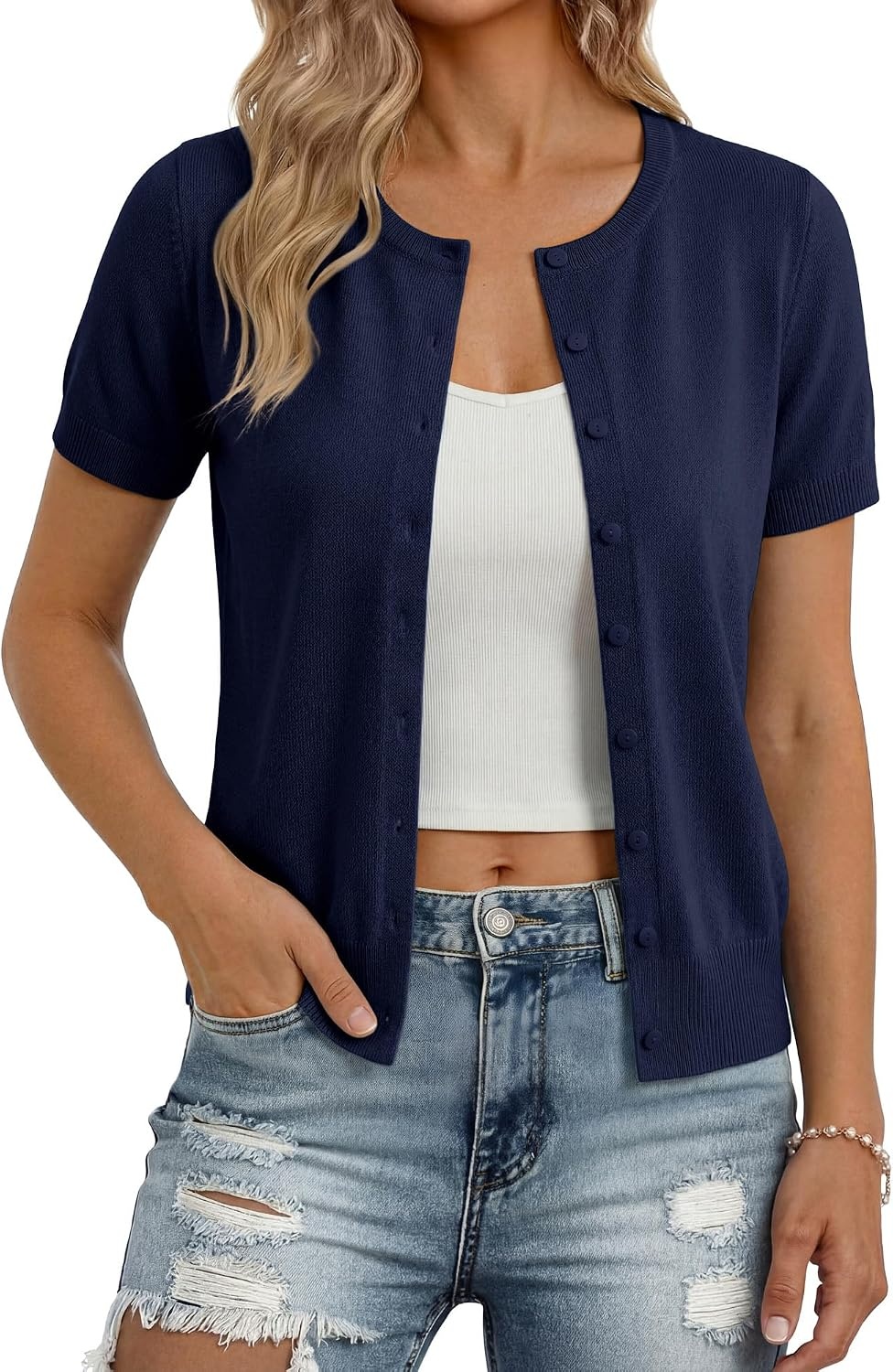 image:imageGRACE KARIN Women Short Sleeve Cardigan 2026 Button Down Knit Sweater Tops Basic Crew Neck Fall Fashion OutfitsNavy