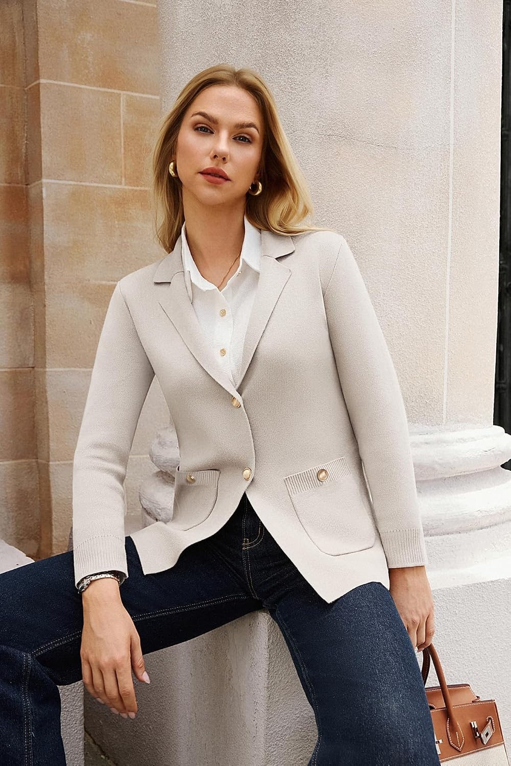 image:imageGRACE KARIN Women Sweater Blazers Business Casual Long Sleeve Work Cardigan Open Front Lapel Suit Jackets with PocketsBeige