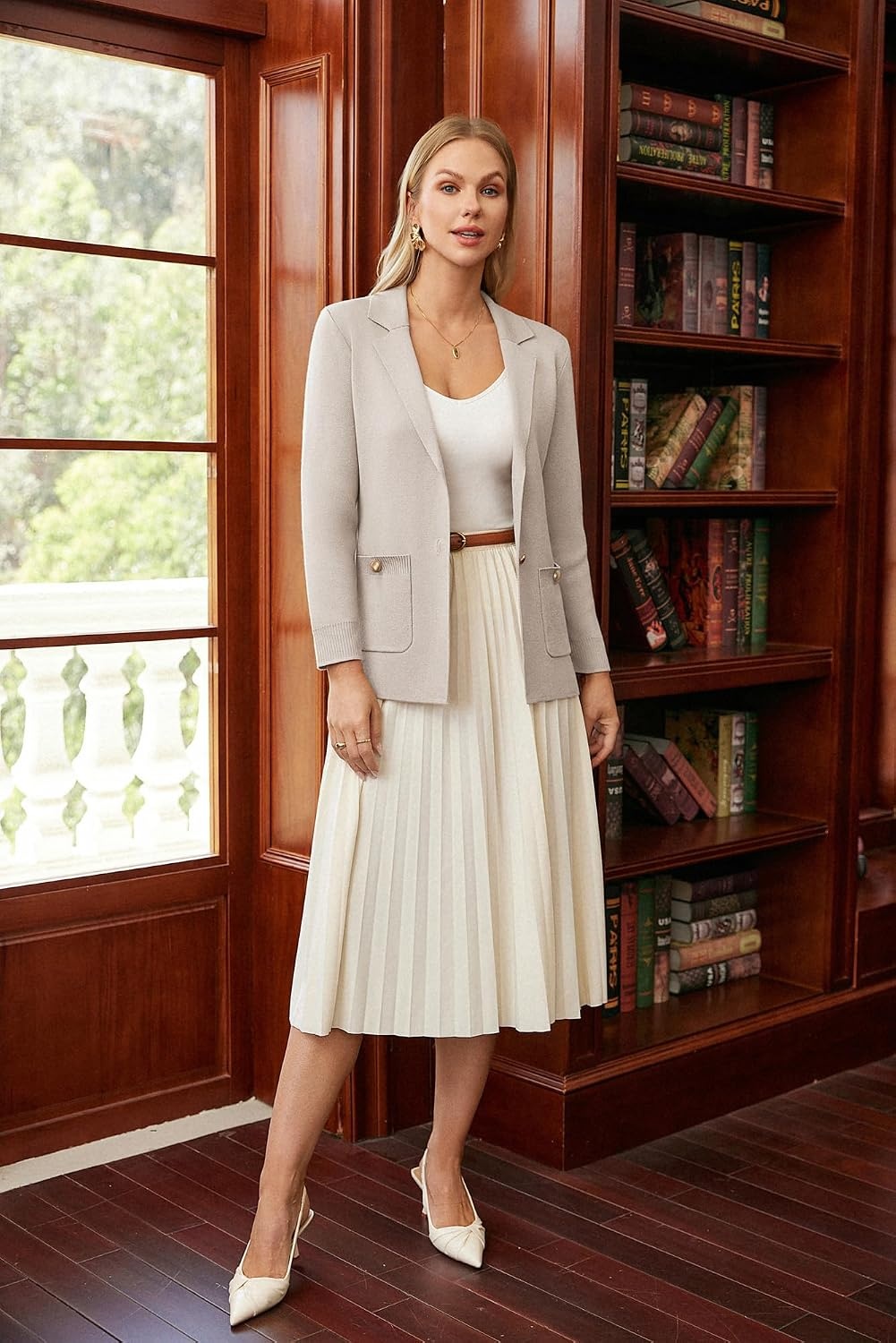 image:imageGRACE KARIN Women Sweater Blazers Business Casual Long Sleeve Work Cardigan Open Front Lapel Suit Jackets with PocketsBeige