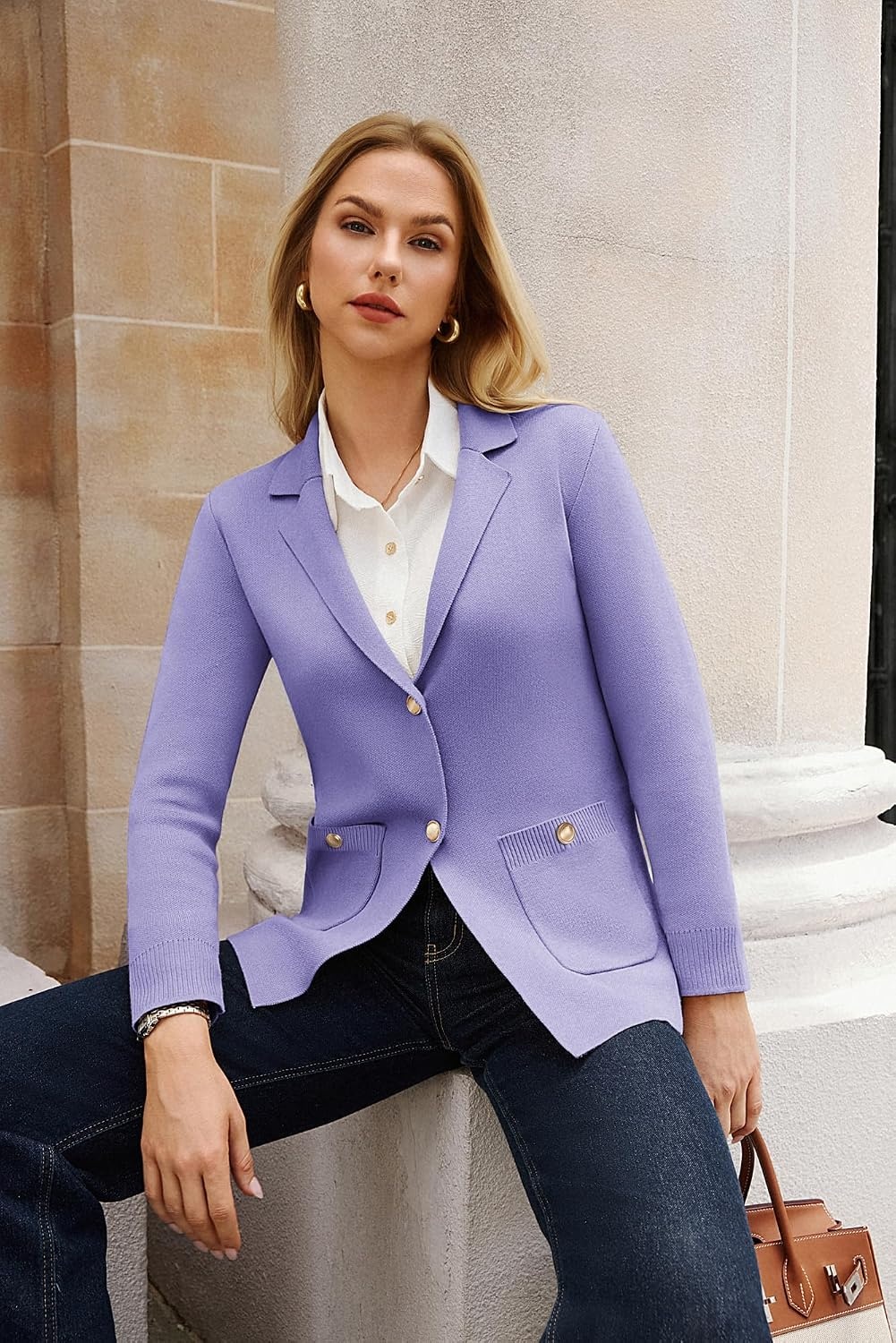 image:imageGRACE KARIN Women Sweater Blazers Business Casual Long Sleeve Work Cardigan Open Front Lapel Suit Jackets with PocketsLilac