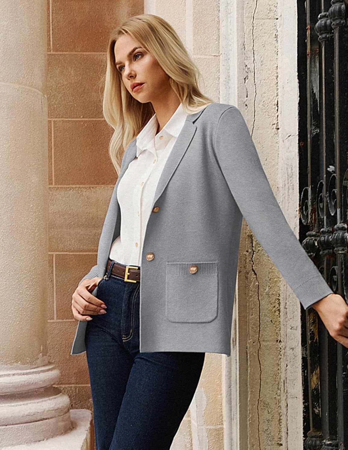 image:imageGRACE KARIN Women Sweater Blazers Business Casual Long Sleeve Work Cardigan Open Front Lapel Suit Jackets with PocketsMedium Gray