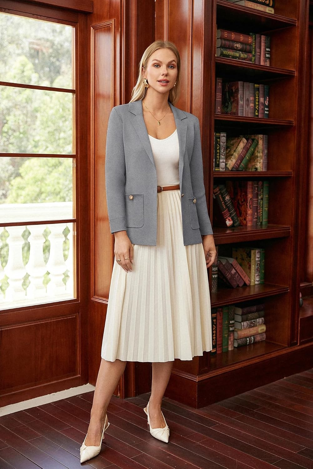 image:imageGRACE KARIN Women Sweater Blazers Business Casual Long Sleeve Work Cardigan Open Front Lapel Suit Jackets with PocketsMedium Gray