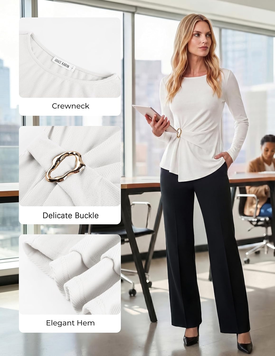 image:imageGRACE KARIN Womens 2026 Fall Peplum Top Dressy Casual Slim Fit Ribbed Knit Asymmetric Hem Waist Twist Delicate Buckle Long Sleeve Shirt Business Blouse Fashion TrendyIvory White