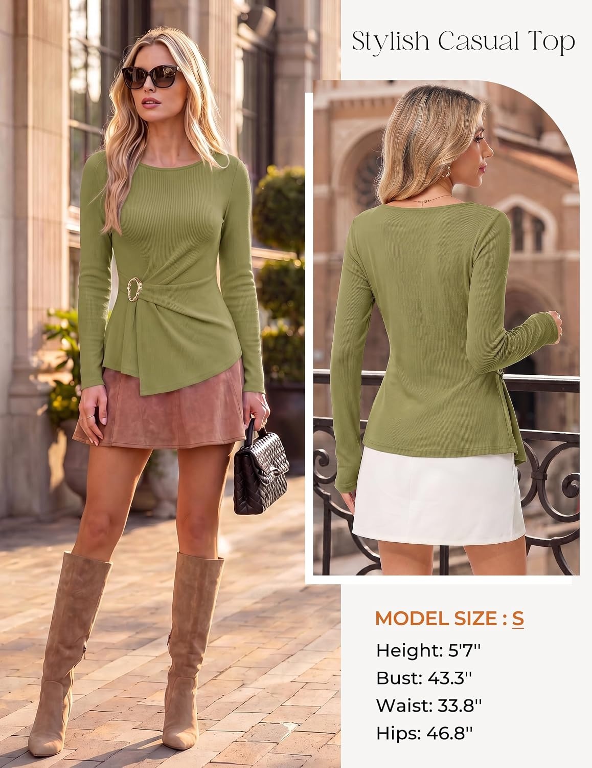 image:imageGRACE KARIN Womens 2026 Fall Peplum Top Dressy Casual Slim Fit Ribbed Knit Asymmetric Hem Waist Twist Delicate Buckle Long Sleeve Shirt Business Blouse Fashion TrendyLight Olive Green