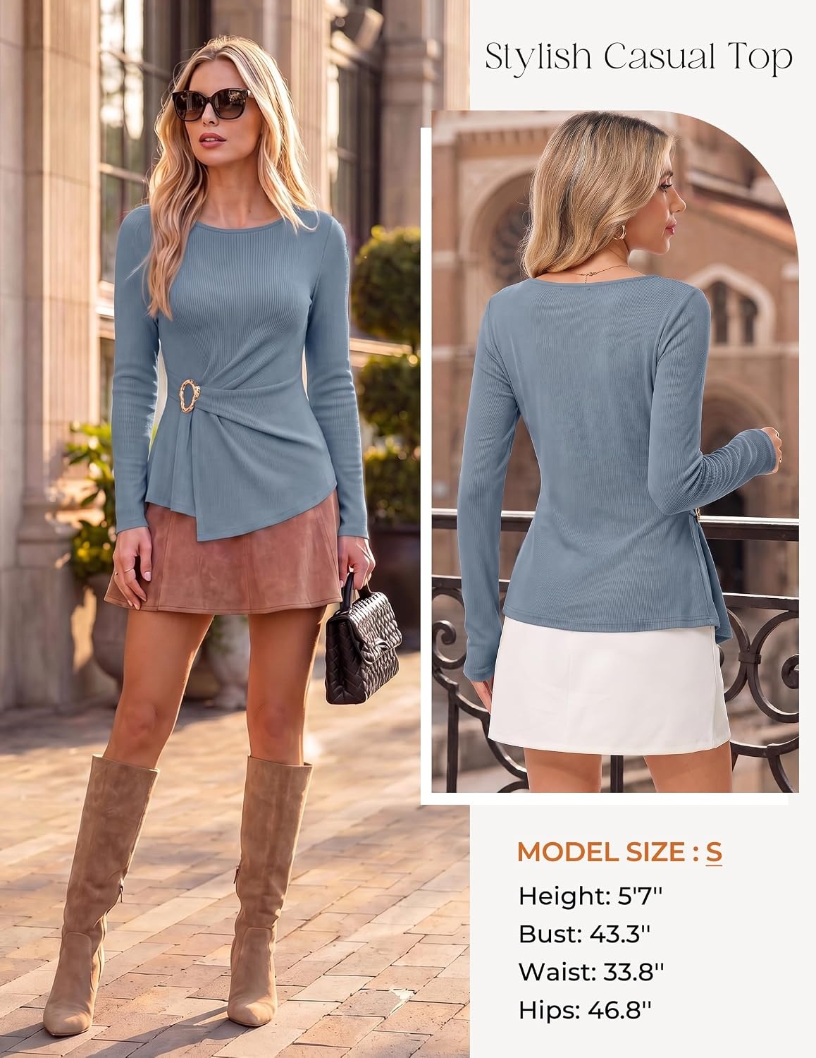 image:imageGRACE KARIN Womens 2026 Fall Peplum Top Dressy Casual Slim Fit Ribbed Knit Asymmetric Hem Waist Twist Delicate Buckle Long Sleeve Shirt Business Blouse Fashion TrendyGray Blue