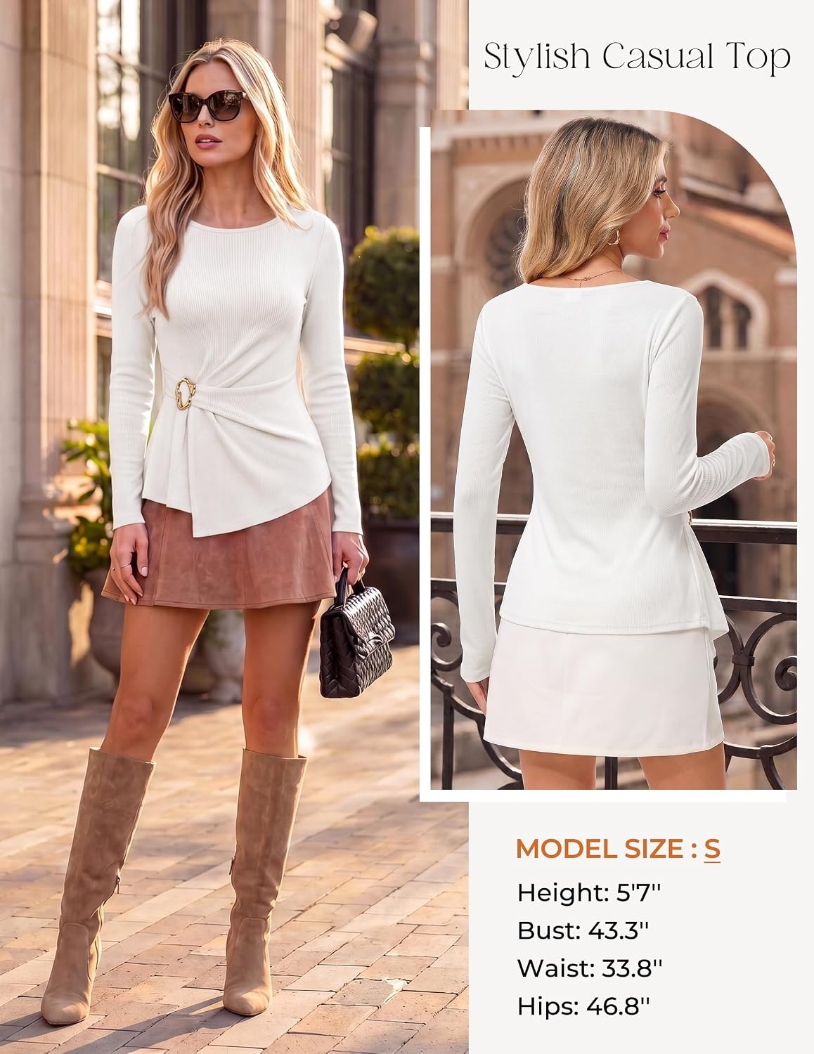image:imageGRACE KARIN Womens 2026 Fall Peplum Top Dressy Casual Slim Fit Ribbed Knit Asymmetric Hem Waist Twist Delicate Buckle Long Sleeve Shirt Business Blouse Fashion TrendyIvory White