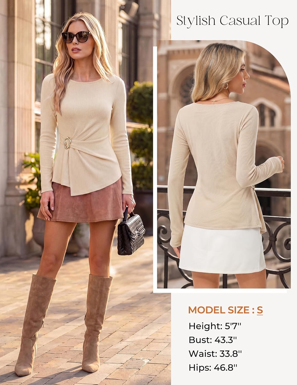 image:imageGRACE KARIN Womens 2026 Fall Peplum Top Dressy Casual Slim Fit Ribbed Knit Asymmetric Hem Waist Twist Delicate Buckle Long Sleeve Shirt Business Blouse Fashion TrendyApricot