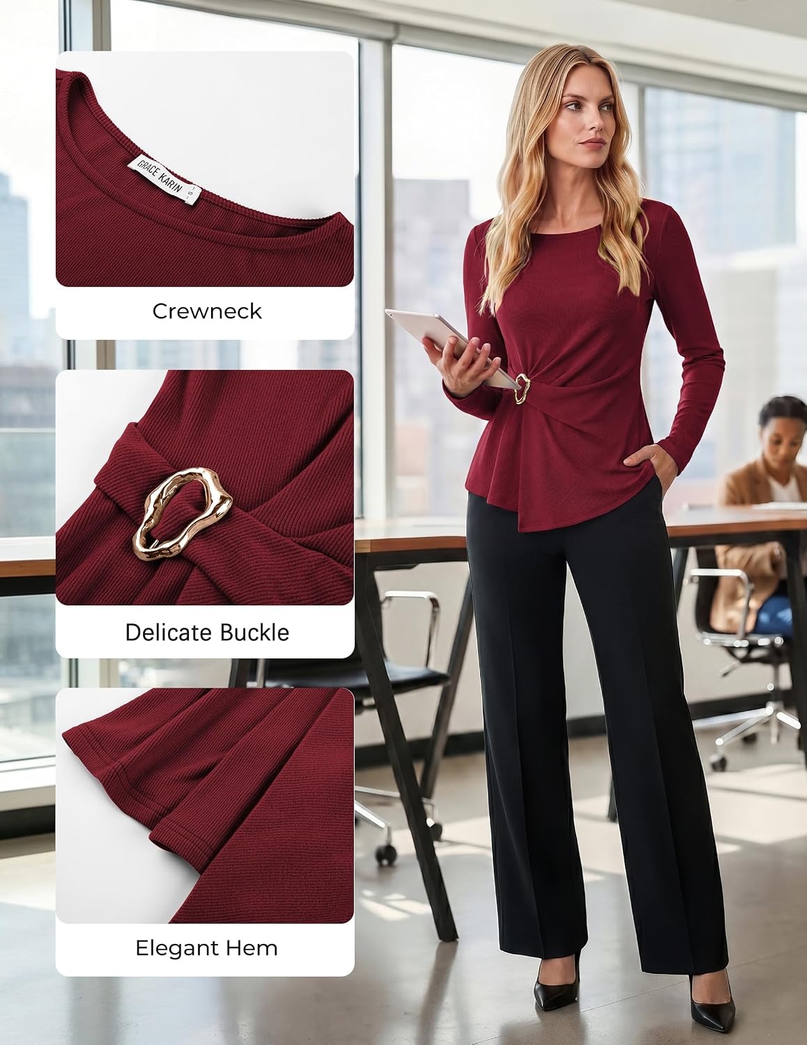 image:imageGRACE KARIN Womens 2026 Fall Peplum Top Dressy Casual Slim Fit Ribbed Knit Asymmetric Hem Waist Twist Delicate Buckle Long Sleeve Shirt Business Blouse Fashion TrendyWine