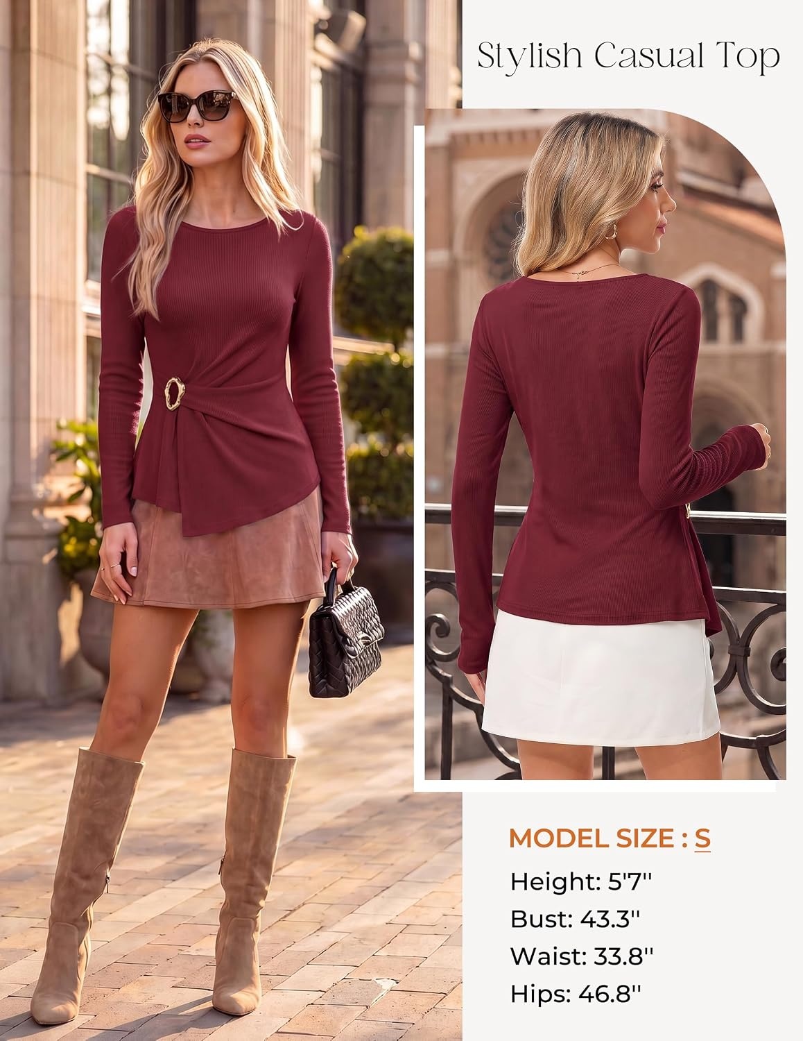 image:imageGRACE KARIN Womens 2026 Fall Peplum Top Dressy Casual Slim Fit Ribbed Knit Asymmetric Hem Waist Twist Delicate Buckle Long Sleeve Shirt Business Blouse Fashion TrendyWine
