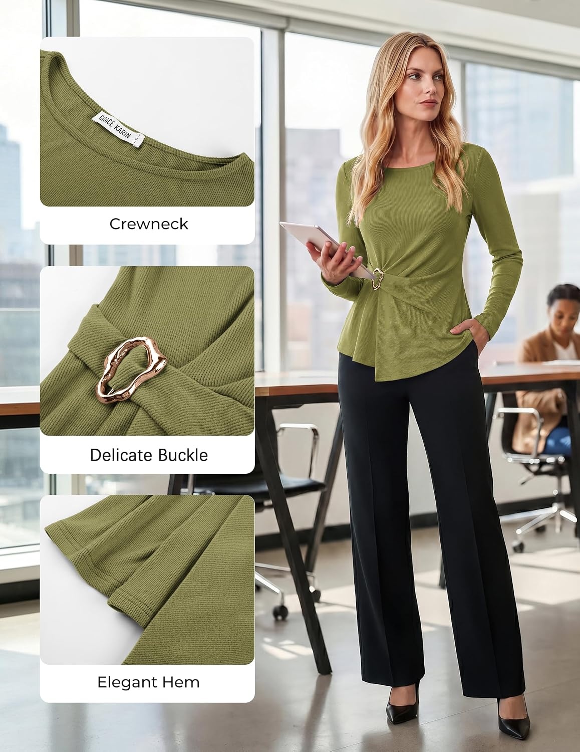 image:imageGRACE KARIN Womens 2026 Fall Peplum Top Dressy Casual Slim Fit Ribbed Knit Asymmetric Hem Waist Twist Delicate Buckle Long Sleeve Shirt Business Blouse Fashion TrendyLight Olive Green