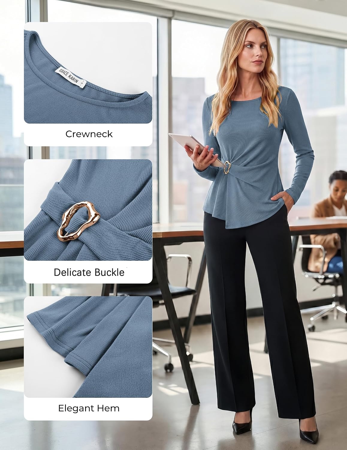 image:imageGRACE KARIN Womens 2026 Fall Peplum Top Dressy Casual Slim Fit Ribbed Knit Asymmetric Hem Waist Twist Delicate Buckle Long Sleeve Shirt Business Blouse Fashion TrendyGray Blue