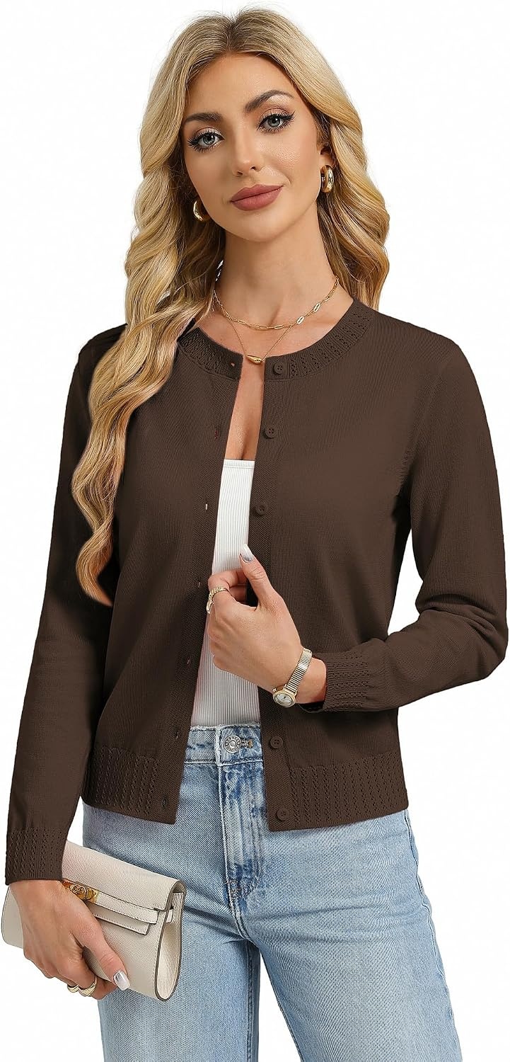 image:imageGRACE KARIN Womens Cropped Cardigan Sweaters Trendy Lightweight Shrugs Button Up Long Sleeve Fall Fashion OutfitsChocolate Brown