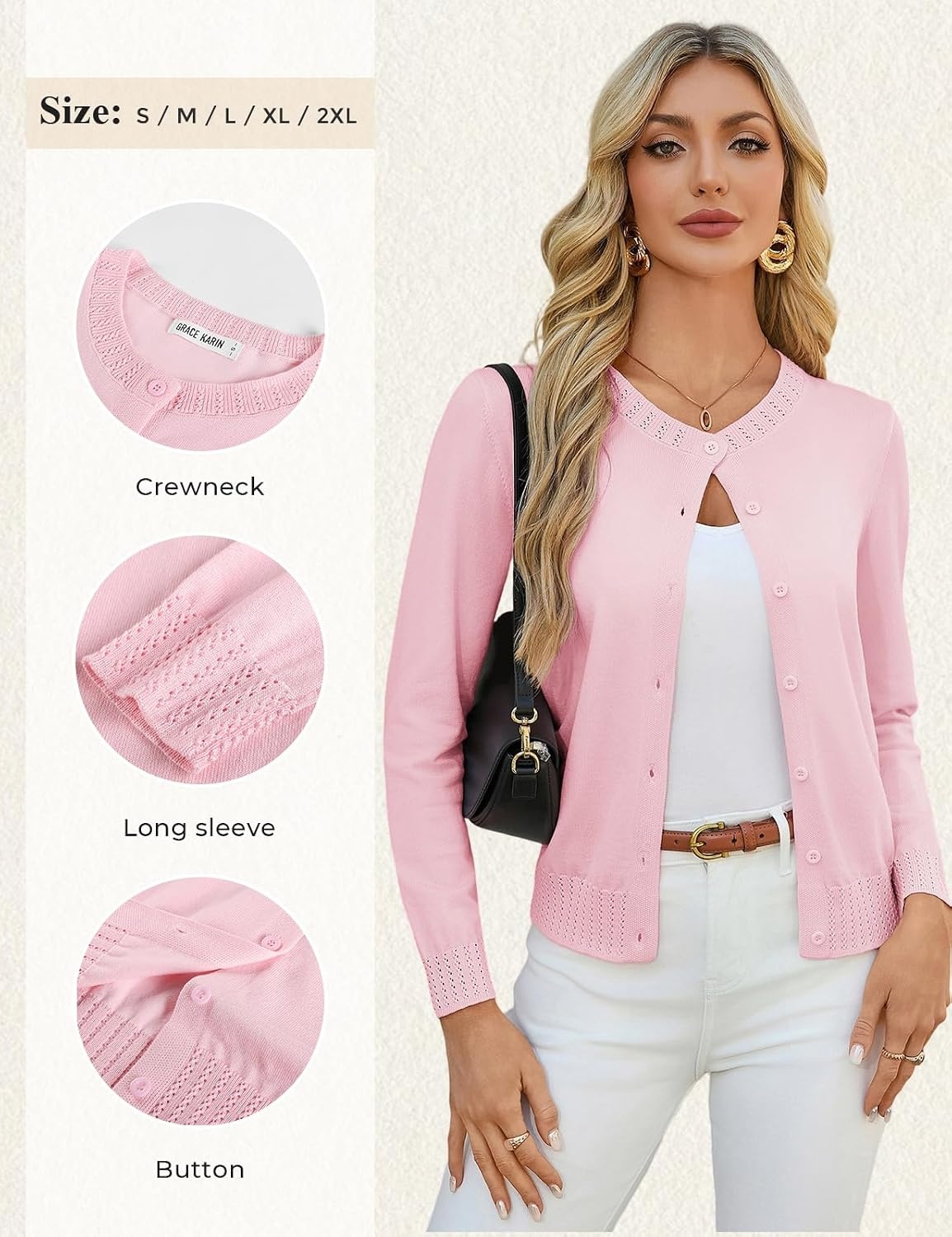image:imageGRACE KARIN Womens Cropped Cardigan Sweaters Trendy Lightweight Shrugs Button Up Long Sleeve Fall Fashion OutfitsPink