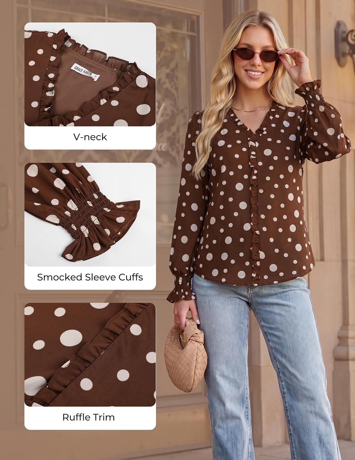 image:imageGRACE KARIN Womens Long Sleeve Boho Tops Ruffle Work Blouses Chiffon Shirts V Neck Floral Tops for Women Dressy Casual 2026 Fall Fashion Clothes Business Casual OutfitsCoffee