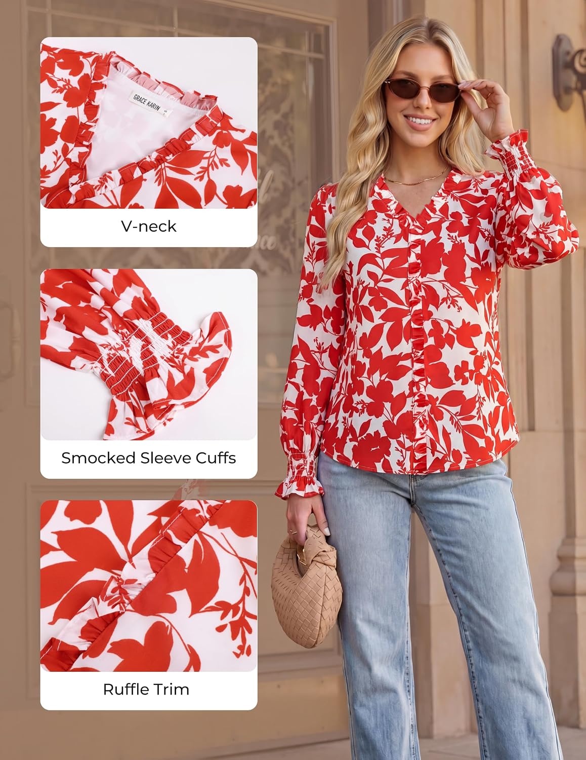 image:imageGRACE KARIN Womens Long Sleeve Boho Tops Ruffle Work Blouses Chiffon Shirts V Neck Floral Tops for Women Dressy Casual 2026 Fall Fashion Clothes Business Casual OutfitsRed