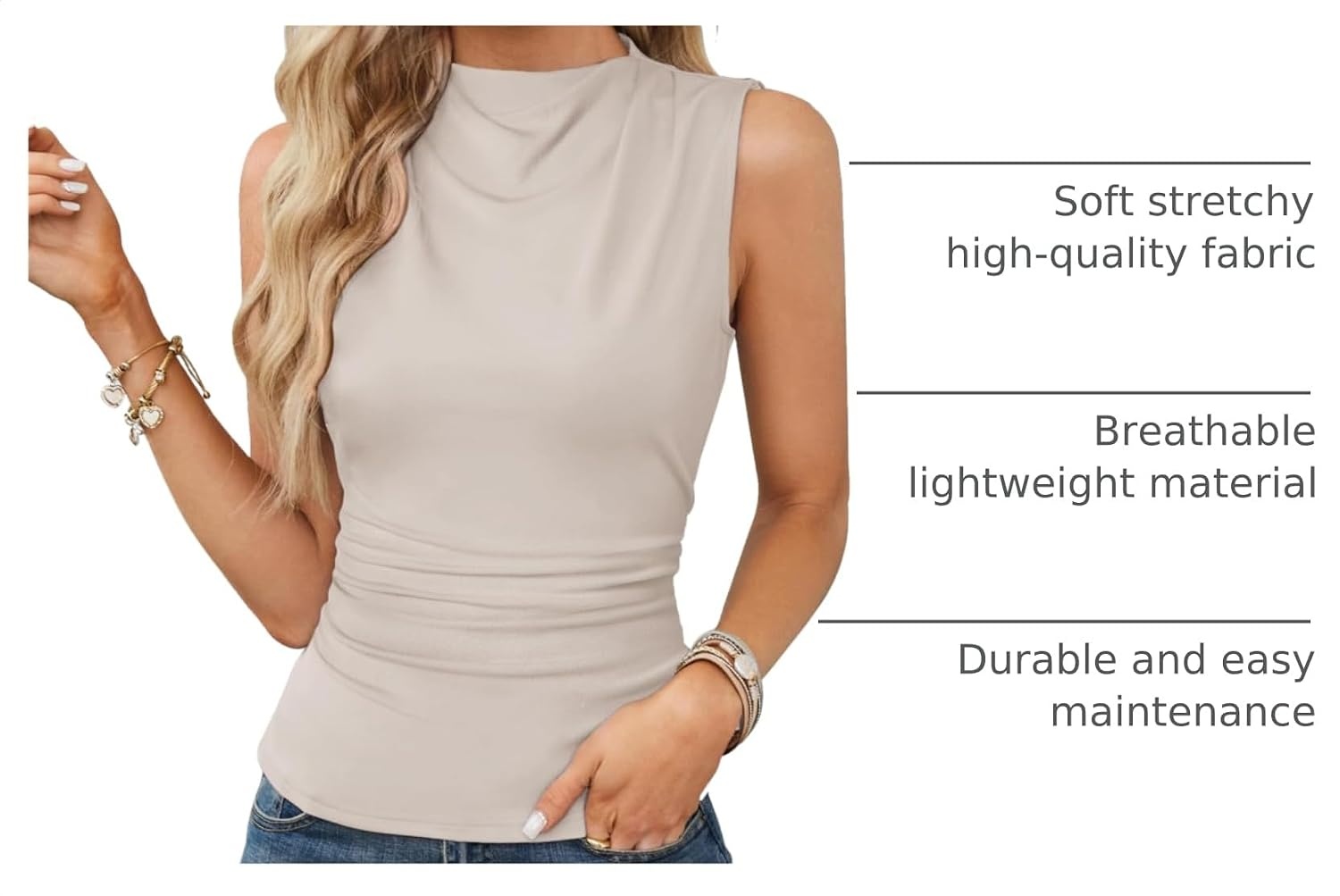 image:imageGRACE KARIN Womens Sleeveless Tank Tops Mock Neck Shirts Clothes High NeckRuchedSolidSlimFittedCropBasicLightweightBusiness CausalStretchTeeBlousesTrendyFashionDressyOutfitsBeige