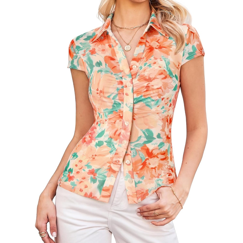 image:imageGRACE KARIN 2026 Women Mesh Boho Tops Dressy Casual Floral Work Blouses Short Sleeve Top Button Down Collared Shirts V Neck Slim Fit Ruched Fashion Summer ClothesGreen 0range