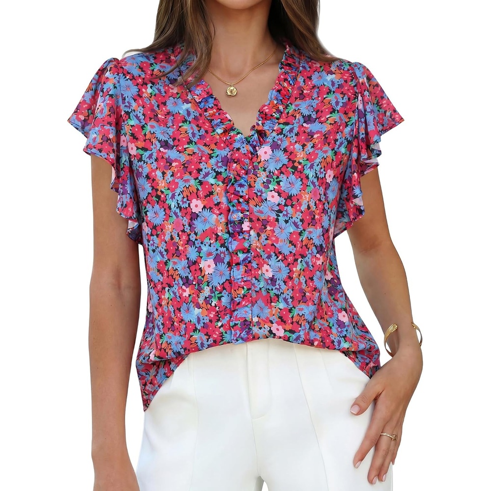 image:imageGRACE KARIN 2026 Womens Boho Tops Dressy Casual Ruffle Chiffon Blouses Flutter Sleeve Floral Shirts V Neck Summer Fashion Clothes Business Work TopsBlue Red