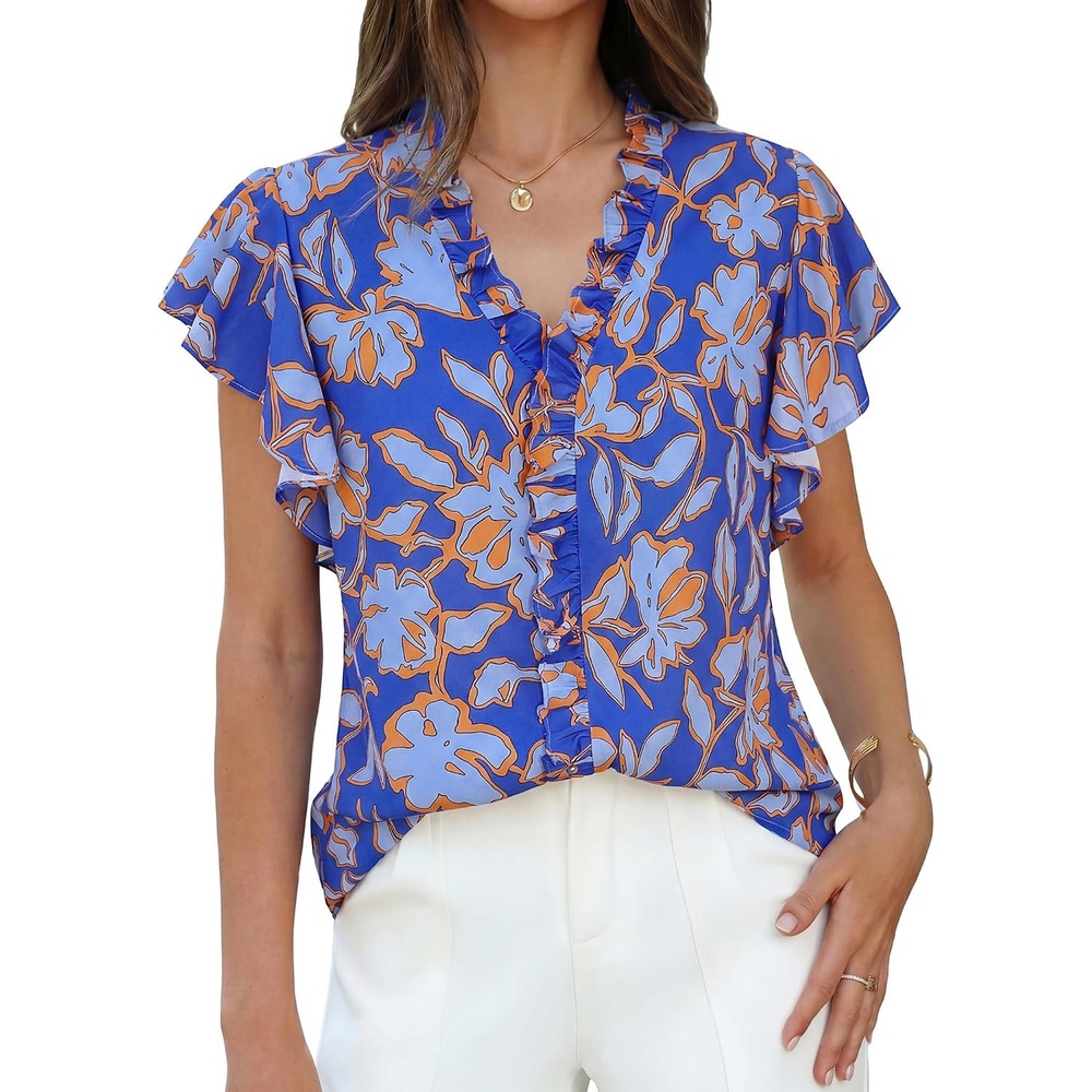 image:imageGRACE KARIN 2026 Womens Boho Tops Dressy Casual Ruffle Chiffon Blouses Flutter Sleeve Floral Shirts V Neck Summer Fashion Clothes Business Work TopsBlue Orange
