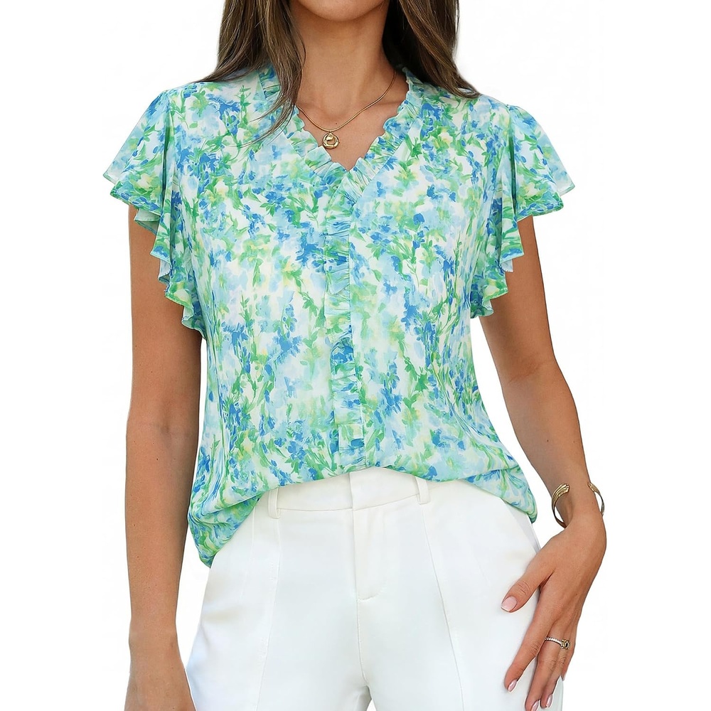 image:imageGRACE KARIN 2026 Womens Boho Tops Dressy Casual Ruffle Chiffon Blouses Flutter Sleeve Floral Shirts V Neck Summer Fashion Clothes Business Work TopsGreen