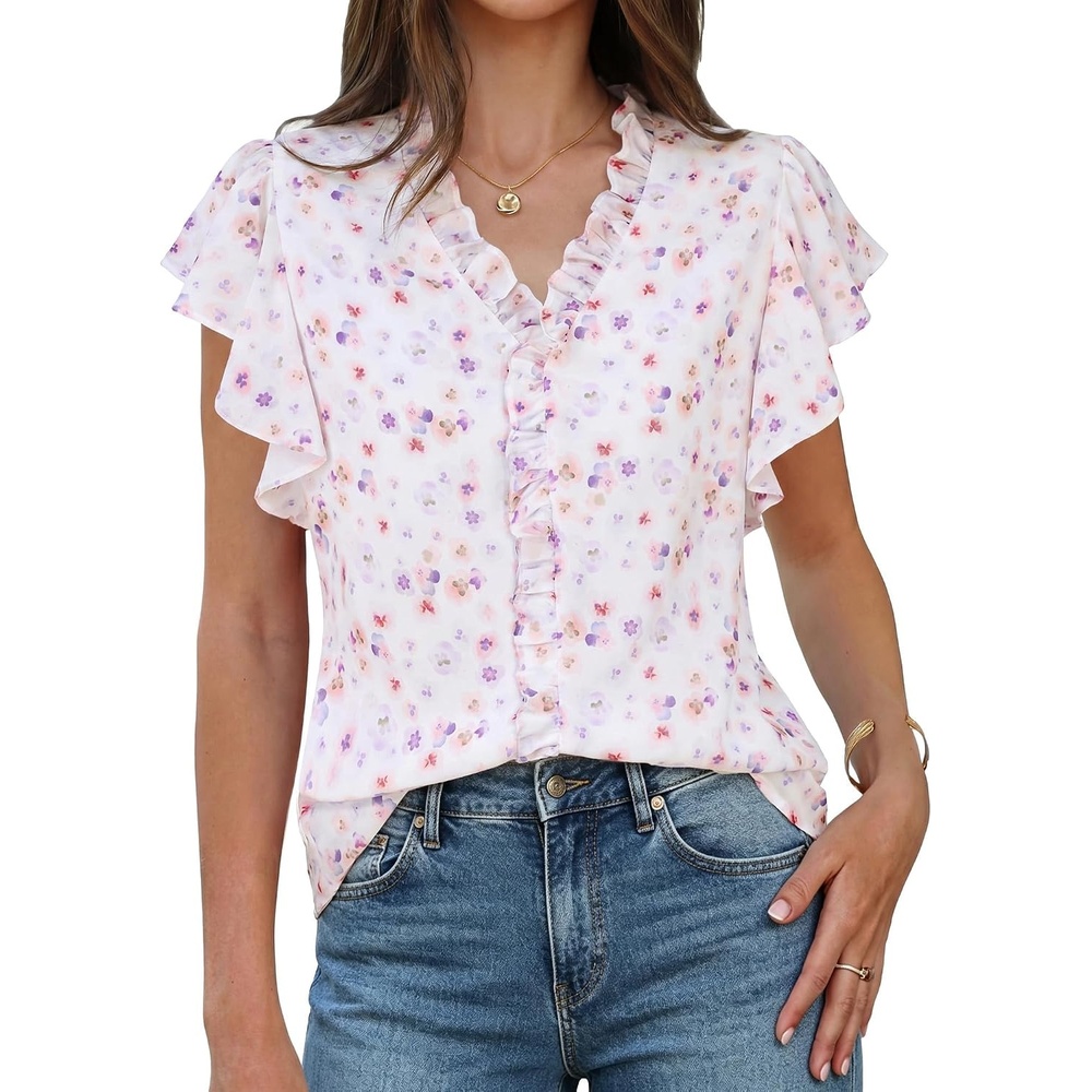 image:imageGRACE KARIN 2026 Womens Boho Tops Dressy Casual Ruffle Chiffon Blouses Flutter Sleeve Floral Shirts V Neck Summer Fashion Clothes Business Work TopsWhite Flower