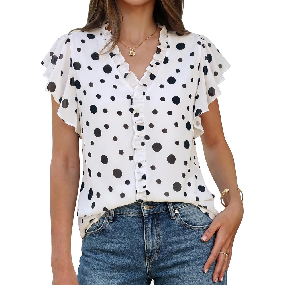 image:imageGRACE KARIN 2026 Womens Boho Tops Dressy Casual Ruffle Chiffon Blouses Flutter Sleeve Floral Shirts V Neck Summer Fashion Clothes Business Work TopsWhite Polka Dot