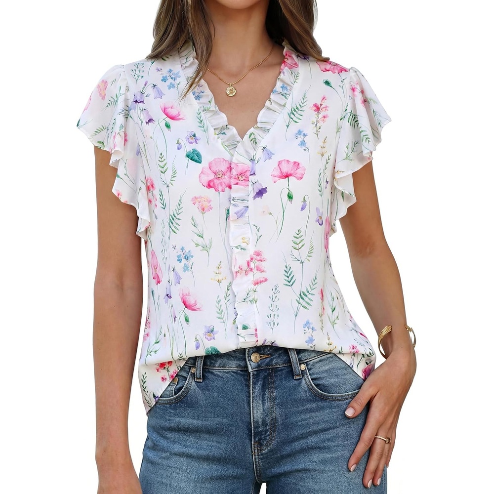 image:imageGRACE KARIN 2026 Womens Boho Tops Dressy Casual Ruffle Chiffon Blouses Flutter Sleeve Floral Shirts V Neck Summer Fashion Clothes Business Work TopsWhite Floral