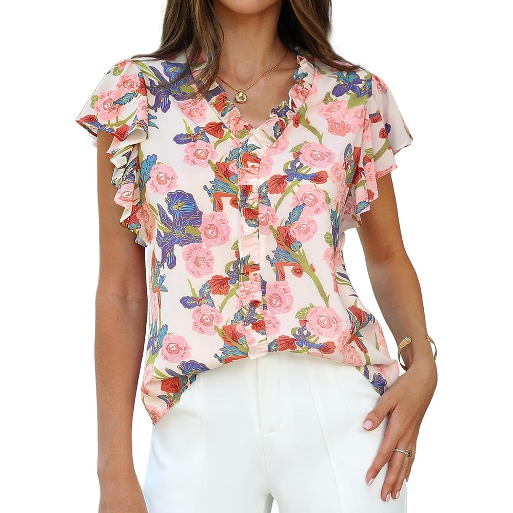 image:imageGRACE KARIN 2026 Womens Boho Tops Dressy Casual Ruffle Chiffon Blouses Flutter Sleeve Floral Shirts V Neck Summer Fashion Clothes Business Work TopsWhite Pink