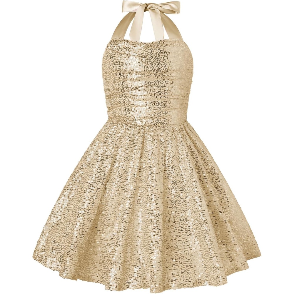image:imageGRACE KARIN Girls Sequin Dress Halter Tie Back Tween Party Fancy Gown 714 Sparkle ALine Sleeveless Prom Birthday Wedding Graduation Flower Girl Pageant Dance Formal Homecoming Princess Party OutfitGold Sequin