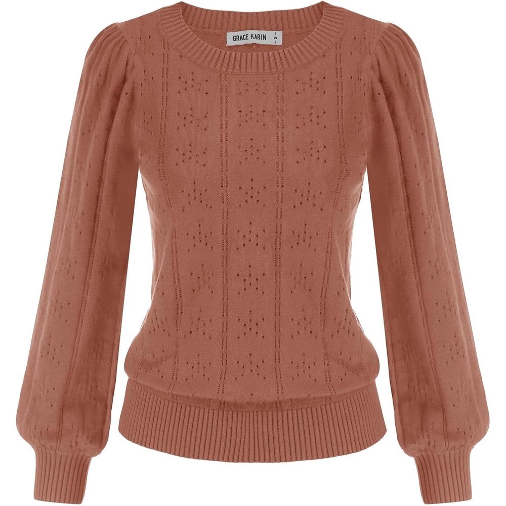 image:imageGRACE KARIN Puff Long Sleeve Crochet Fall Sweaters for Women Trendy 2026 Cute Dressy Casual Work TopKnit PulloverFashion ClothesLantern SleeveCrew NeckLightweightKnitHollow OutLayer ClothingCl0834 Red Brown Long Sleeve