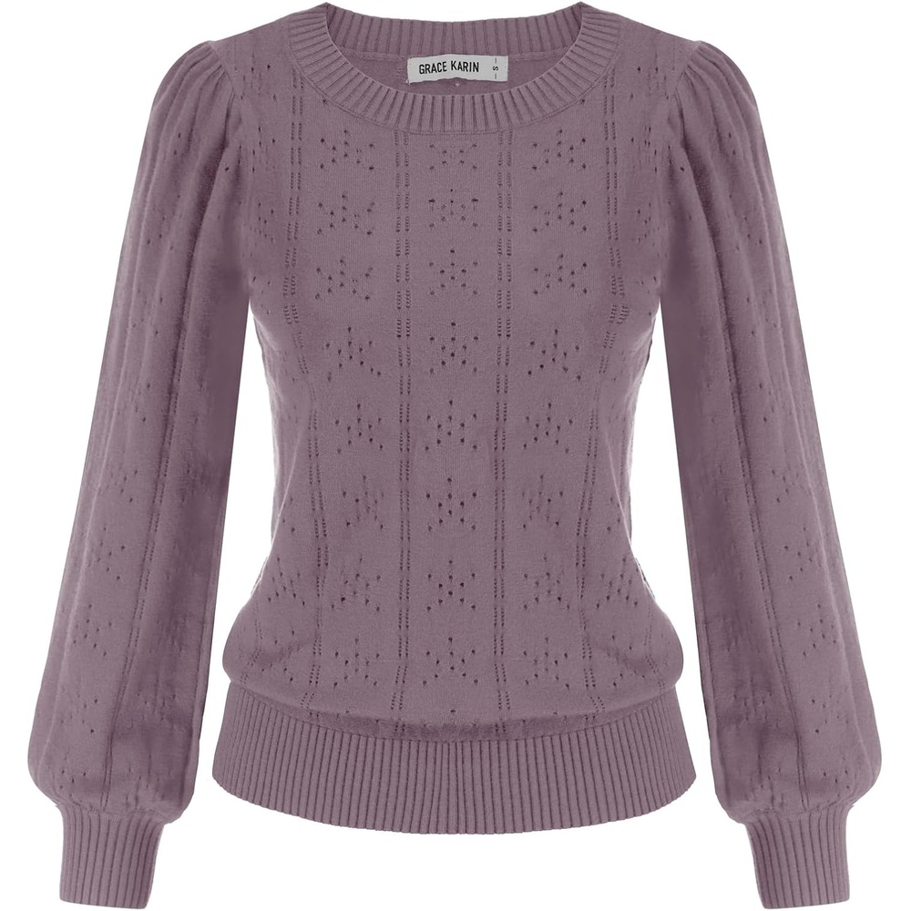 image:imageGRACE KARIN Puff Long Sleeve Crochet Fall Sweaters for Women Trendy 2026 Cute Dressy Casual Work TopKnit PulloverFashion ClothesLantern SleeveCrew NeckLightweightKnitHollow OutLayer ClothingCl0834 Purple Long Sleeve