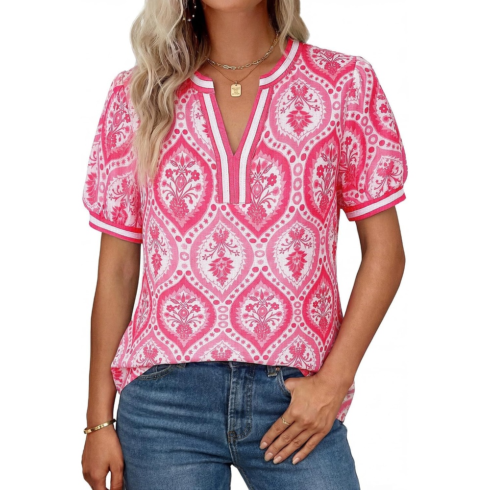 image:imageGRACE KARIN Women Boho Floral Tops 2026 Summer V Neck Puff Short Sleeve Dressy Casual ShirtsFolk Pink Flower