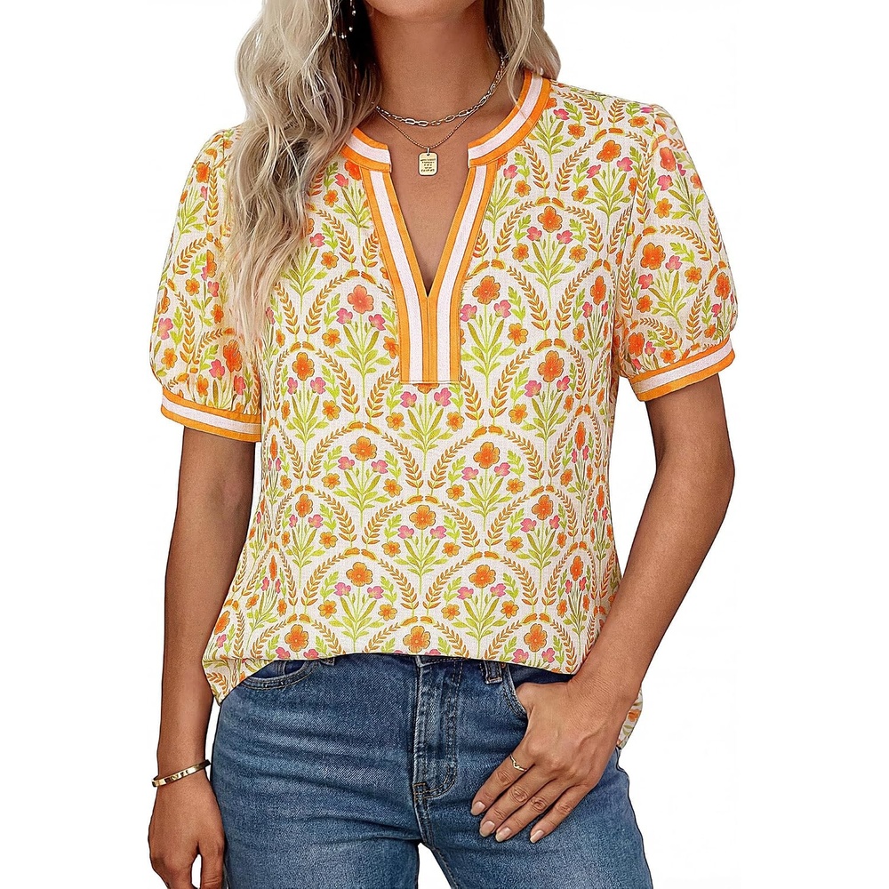 image:imageGRACE KARIN Women Boho Floral Tops 2026 Summer V Neck Puff Short Sleeve Dressy Casual ShirtsWheat Ear Flower