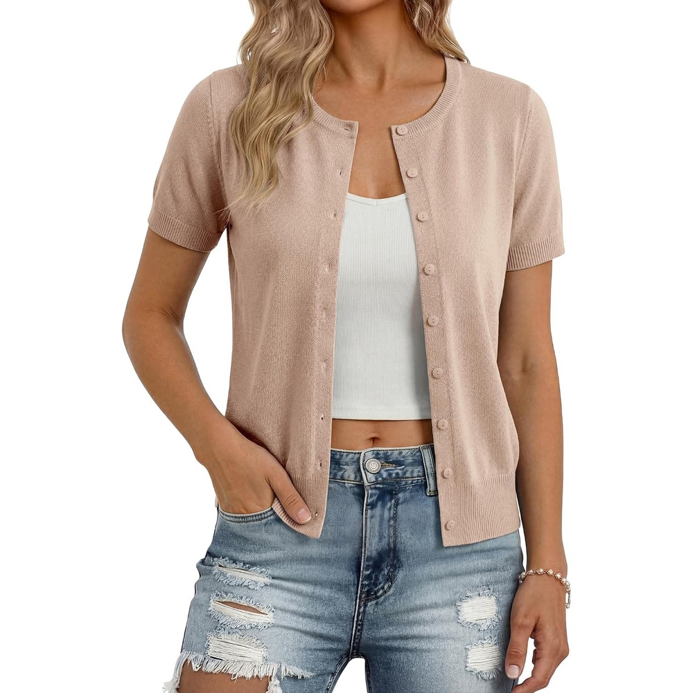 image:imageGRACE KARIN Women Short Sleeve Cardigan 2026 Button Down Knit Sweater Tops Basic Crew Neck Fall Fashion OutfitsKhaki