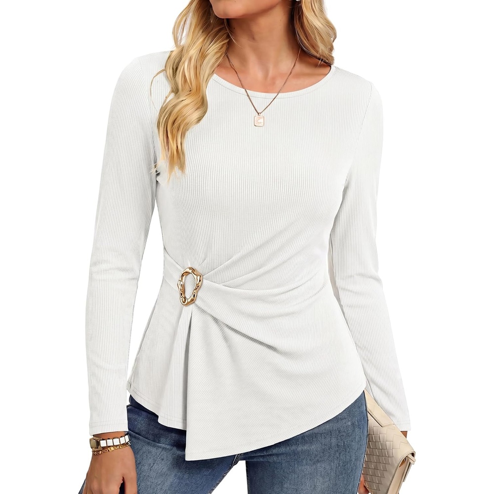 image:imageGRACE KARIN Womens 2026 Fall Peplum Top Dressy Casual Slim Fit Ribbed Knit Asymmetric Hem Waist Twist Delicate Buckle Long Sleeve Shirt Business Blouse Fashion TrendyIvory White