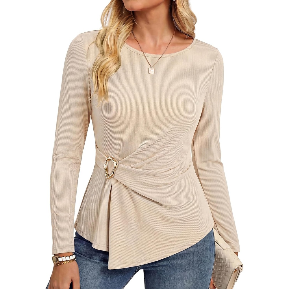 image:imageGRACE KARIN Womens 2026 Fall Peplum Top Dressy Casual  Slim Fit Ribbed Knit Asymmetric Hem Waist Twist Delicate Buckle Long Sleeve Shirt Business Blouse Fashion TrendyApricot