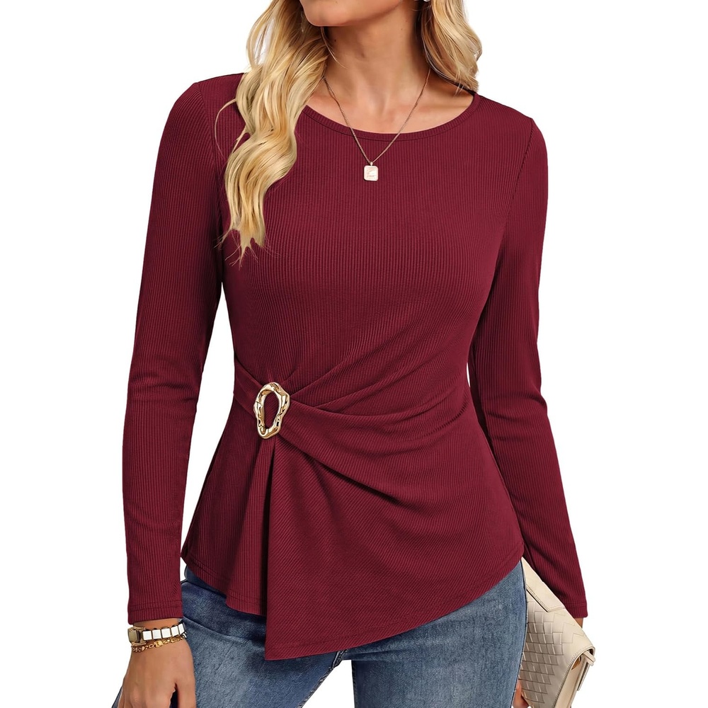 image:imageGRACE KARIN Womens 2026 Fall Peplum Top Dressy Casual Slim Fit Ribbed Knit Asymmetric Hem Waist Twist Delicate Buckle Long Sleeve Shirt Business Blouse Fashion TrendyWine