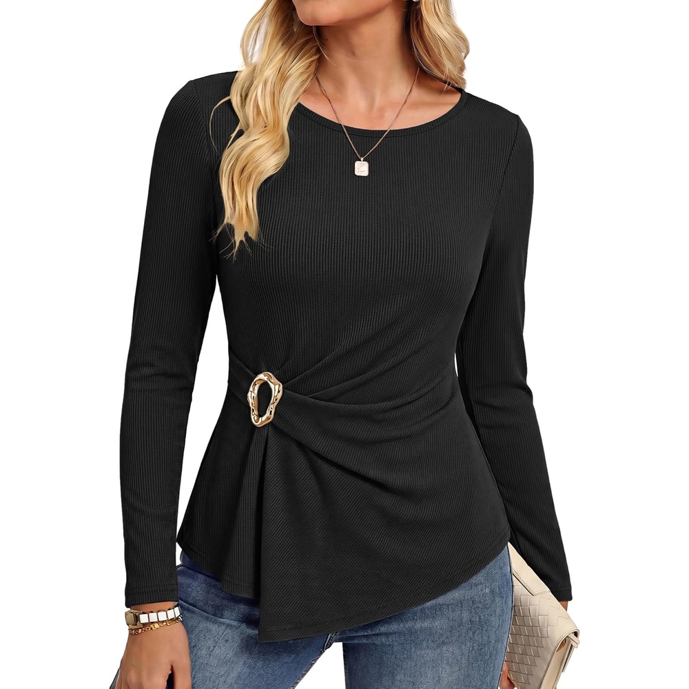 image:imageGRACE KARIN Womens 2026 Fall Peplum Top Dressy Casual Slim Fit Ribbed Knit Asymmetric Hem Waist Twist Delicate Buckle Long Sleeve Shirt Business Blouse Fashion TrendyBlack