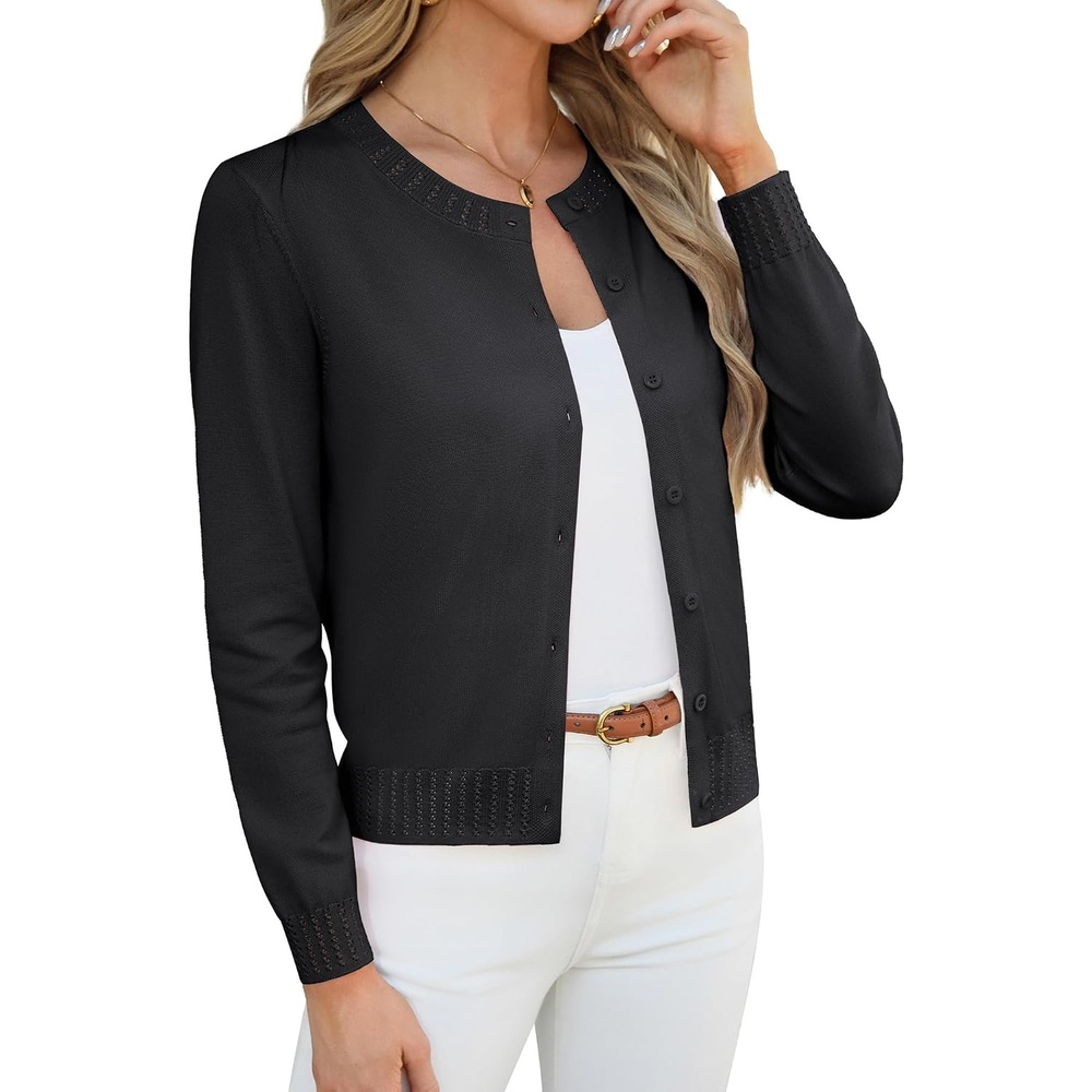 image:imageGRACE KARIN Womens Cropped Cardigan Sweaters Trendy Lightweight Shrugs Button Up Long Sleeve Fall Fashion OutfitsBlack