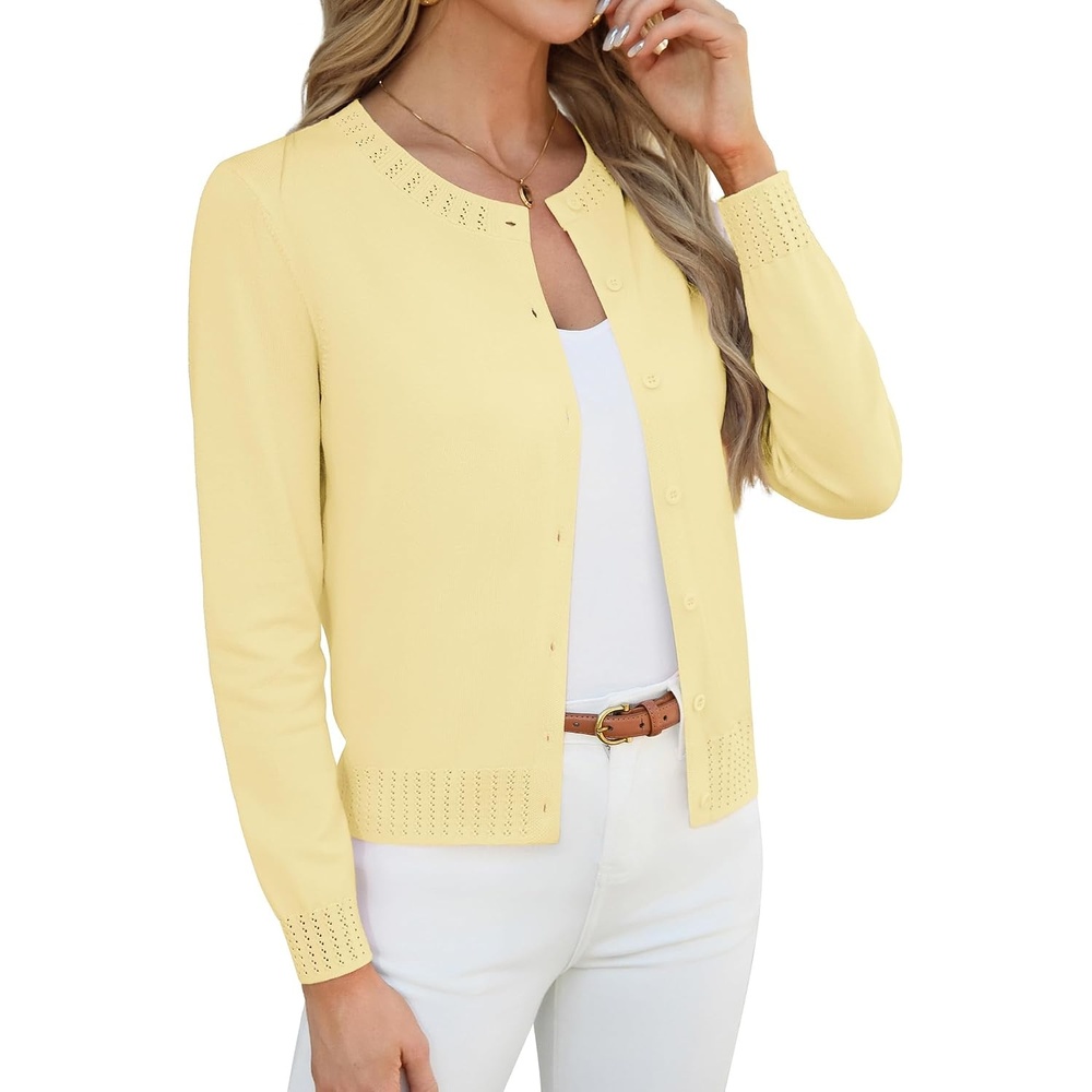 image:imageGRACE KARIN Womens Cropped Cardigan Sweaters Trendy Lightweight Shrugs Button Up Long Sleeve Fall Fashion OutfitsButter Yellow