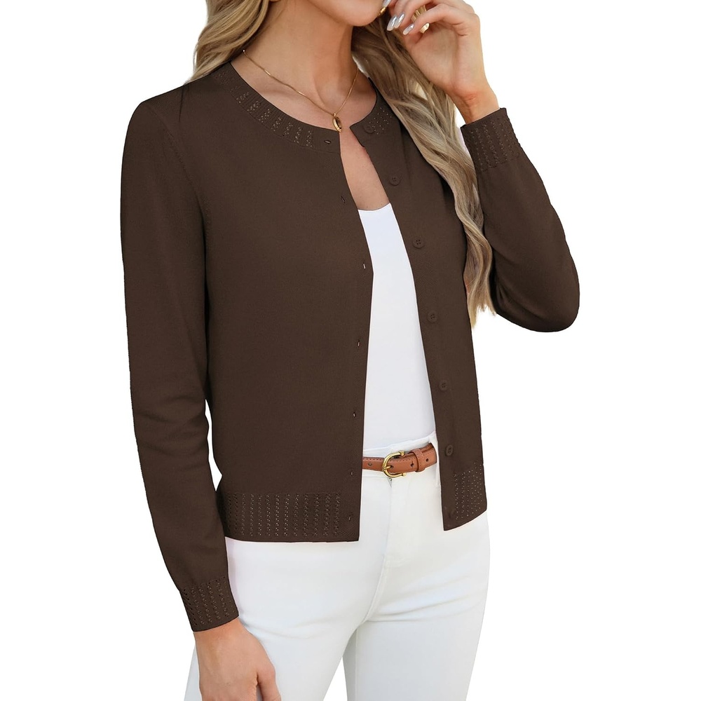 image:imageGRACE KARIN Womens Cropped Cardigan Sweaters Trendy Lightweight Shrugs Button Up Long Sleeve Fall Fashion OutfitsChocolate Brown