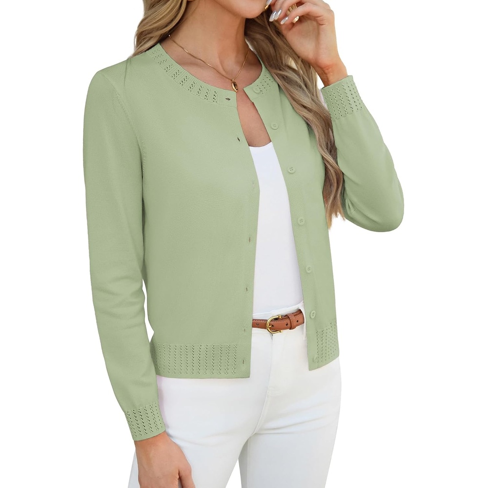 image:imageGRACE KARIN Womens Cropped Cardigan Sweaters Trendy Lightweight Shrugs Button Up Long Sleeve Fall Fashion OutfitsLight Green